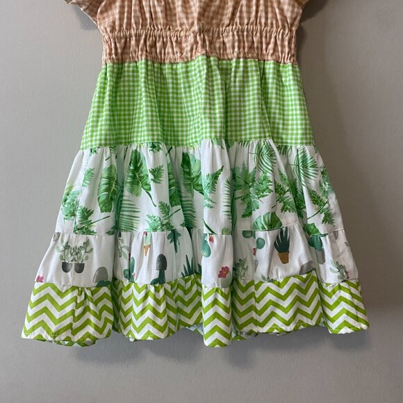 Handmade Children's 100% Cotton Tan White Green Gingham Multi Pattern Dress - Picture 11 of 12